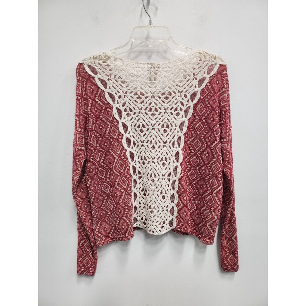Daytrip The Buckle BOHO Top Womens Large Red White Argyle Crochet Long Sleeve - Picture 8 of 10